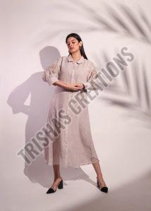 Luxury A Line Linen Shirt Collar Frock