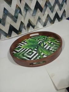 Round Mango Wood Resin Printed Tray