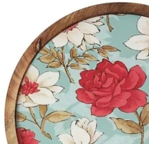 8 Inch Round Printed Wooden Resin Tray