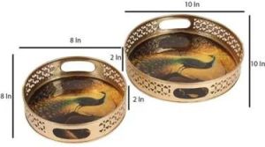 Iron Peacock Print Pichwai Gold Painted Tray Set