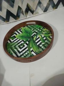 Round Mango Wood Resin Printed Tray
