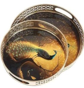 Iron Peacock Print Pichwai Gold Painted Tray Set