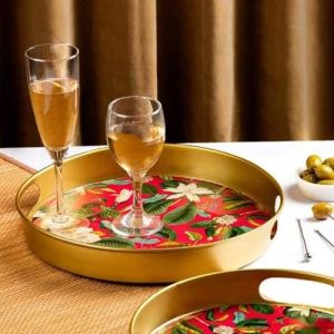 Metal Pink Magnolia Tray Set of  2