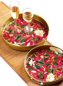 Metal Pink Magnolia Tray Set of  2