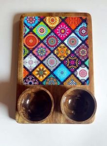 Mango Wood Resin Printed Serving Platter Set