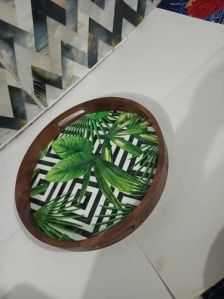 Round Mango Wood Resin Printed Tray