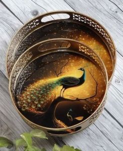 Iron Peacock Print Pichwai Gold Painted Tray Set