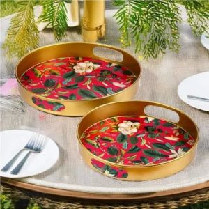 Metal Pink Magnolia Tray Set of  2