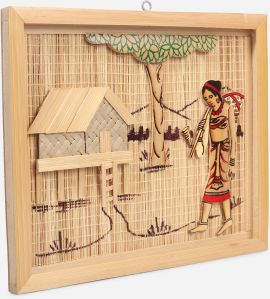 Bamboo Wall Painting of Hut With Tribal Lady Village Life