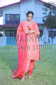 Ladies Silk Peach Embroidered Suit