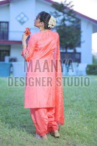 Ladies Silk Peach Embroidered Suit