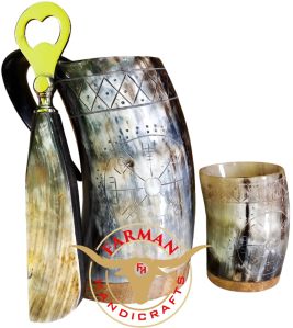 Handcarved Viking Drinking Ox Horn Bottle Opener and Mug Set