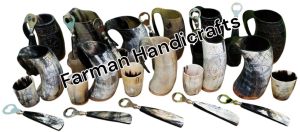 Handcarved Viking Drinking Ox Horn Bottle Opener and Mug Set