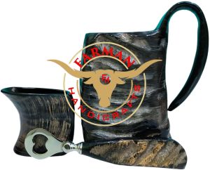 Handcarved Viking Drinking Ox Horn Bottle Opener and Mug Set