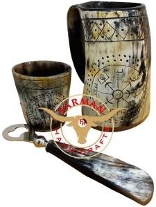 Handcarved Viking Drinking Ox Horn Bottle Opener and Mug Set