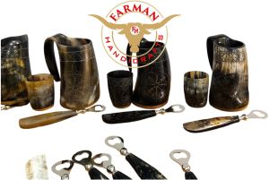 Handcarved Viking Drinking Ox Horn Bottle Opener and Mug Set