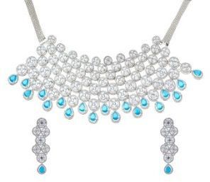 White Rhodium Plated Aquamarine Choker Necklace Set