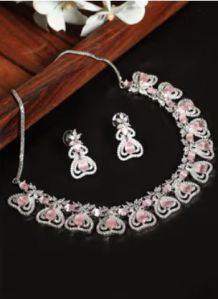 White Rhodium Plated Baby Pink Choker Necklace Set