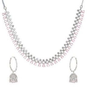 White Rhodium Plated Baby Pink Necklace Set