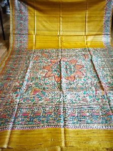 Pure Ghicha Tussar Hand Painted Madhubani Handloom Saree With Blouse