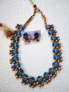 handmade blue golden terracotta necklace set