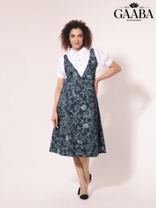 Casual Dress -Cotton white shirt attached with blue printed dress