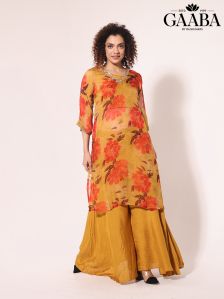 Mustard & red colour organza floral print katdana work kurta with palazo set