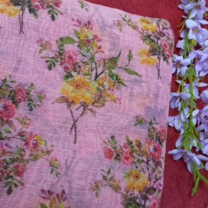 Peach Pink Floral Linen Printed Fabric