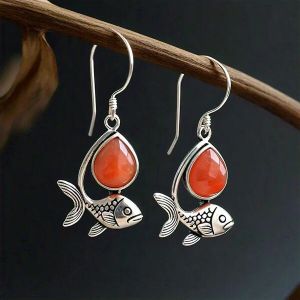 Cynthia Fish Hook Silver Antique Coral Drop Earrings