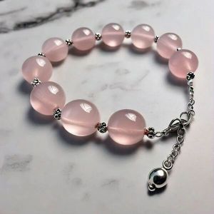 Demeter Pink Real Rose Quartz Crystal Beads Sterling Silver Bracelet