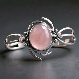 Hebe Real Pink Rose Quartz Crystal Sterling Silver Kada Bracelet