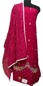 Elegant Hot Pink Muslin Suit with Exquisite Embroidery