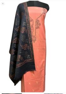 elegant peach kani matching digital print shawl winter suit set