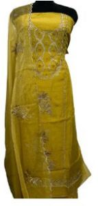 Elegant Yellow Organza Suit with Intricate Aari and Sippi Work