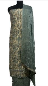 Grey Silk Printed Suit with Embellished Neck & Hem and Mal Dupatta