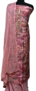 Pink Silk Printed Suit with Embellished Neck & Hem and Mal Dupatta