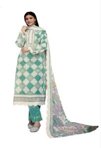 Printed Semi-Cambric Suit Set in Blue with Mal Cotton Dupatta