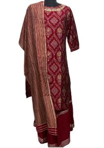 Stitched Muslin Sharara Suit in Maroon