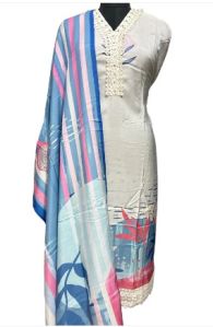 White Muslin Designer Suit with Playful Pink and Blue Print pen_spark