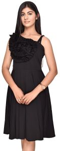 Black Dress With Frilled Flower For Women