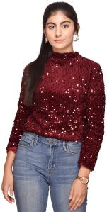 Sequins Short Crop Top With Inside Fleece For Women