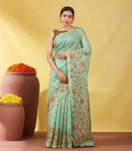 Aquamarine Handloom Tussar Silk Saree Printed & Embroidered With Floral Motifs