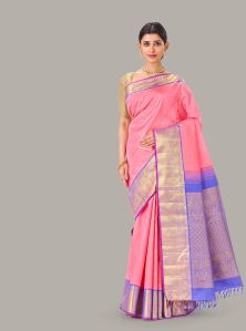 Baby Pink Handloom Kanchipuram Korvai Silk Saree And Zari Buttas