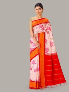 Baby Pink Handloom Silk Saree With Printed Floral Motifs & Red Border