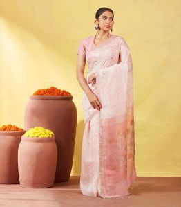 Baby Pink Handloom Tussar Linen Silk Saree With Chevron Motifs