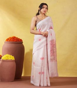 Baby Pink Handwoven Linen Saree With Floral Print