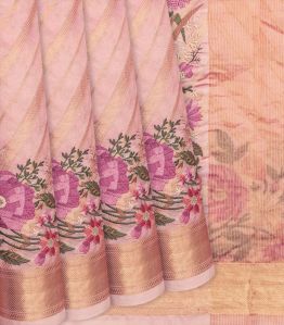 Baby Pink Raw Embroidered Floral Motifs Ladies Silk Saree