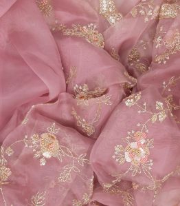 Baby Pink Woven Organza Saree With Embroidered Floral Motifs