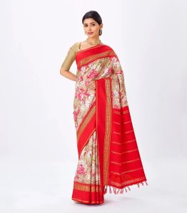 Beige Handloom Silk Saree With Printed Floral Motifs & Red Border