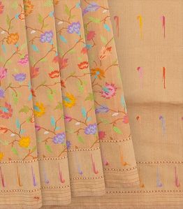 Beige Handwoven Banarasi Tissue Silk Saree With Floral Jamdani Motifs